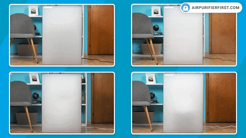 This image shows smoke tests of four different air purifiers.