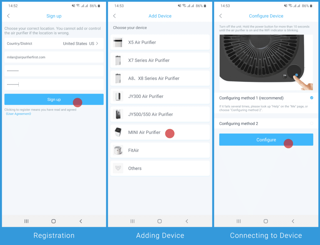 Screenshots on how to sign up the Airdog X3 smart app; step-by-step.