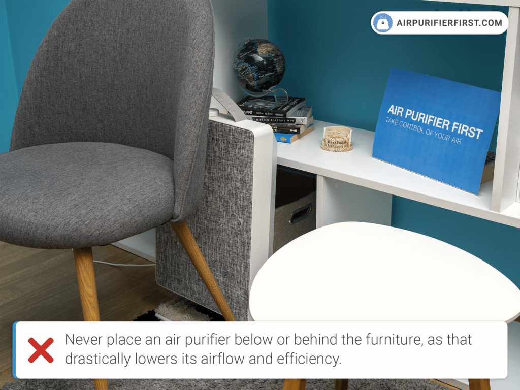 Never place an air purifier below or behind the furniture