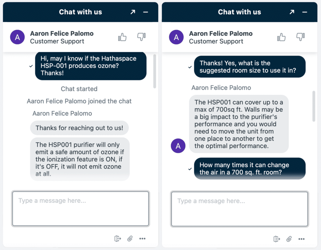 Screenshot of the fast and immensely helpful response of Hathaspace Customer Support service.