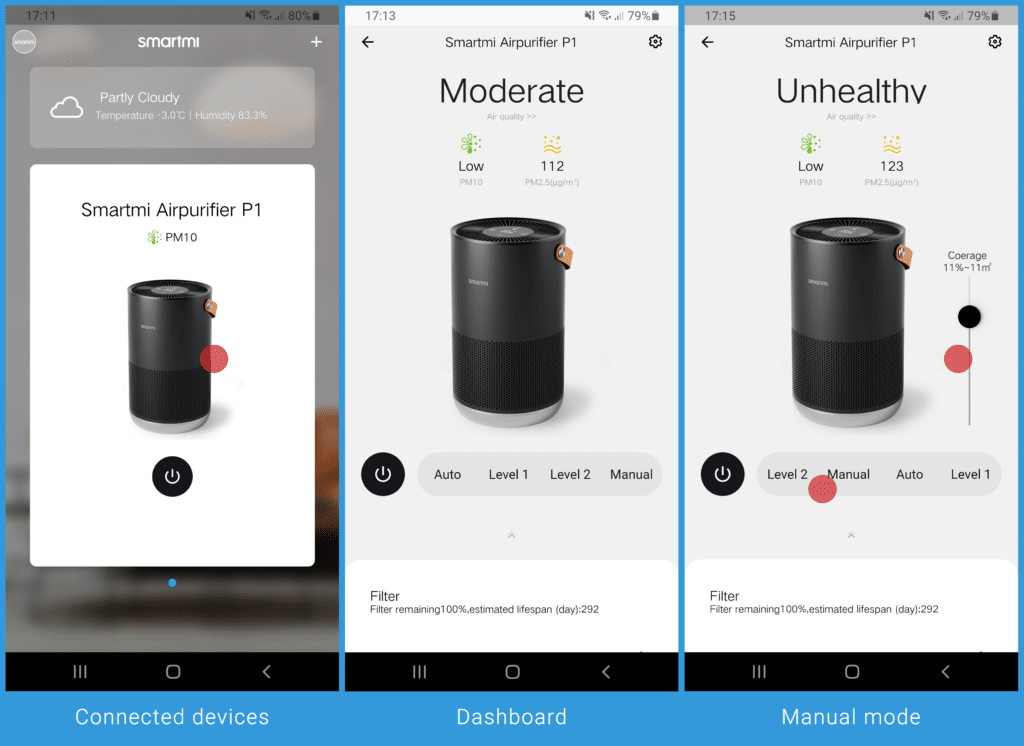 Smartmi P1 Smart APP - Dashboard and Control Buttons
